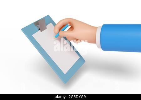 Cartoon hand writing on a clip board isolated in white background. 3d illustration. Stock Photo