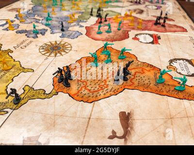 Risk - A family a strategy board game of diplomacy, conflict and conquest - world map - One of the Best selling games Stock Photo