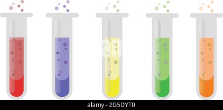 Multi color laboratory test tubes. Chemical laboratory test tubes. Test tubes with liquid. Test tubes in flat design. Stock Vector
