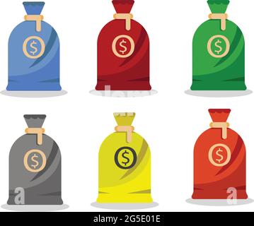 Set of a six eps money bag vector icon. Six multicolor money bag symbols icons. Stock Vector