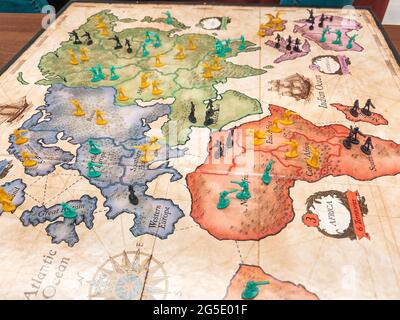 Risk - A family a strategy board game of diplomacy, conflict and conquest - world map - One of the Best selling games Stock Photo