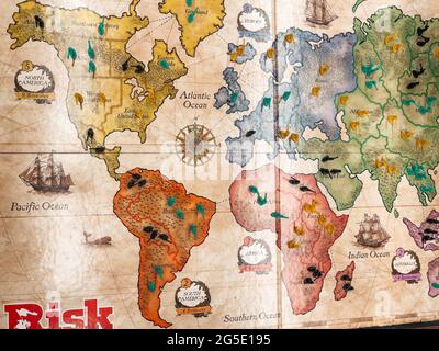 Risk - A family a strategy board game of diplomacy, conflict and conquest - world map - One of the Best selling games Stock Photo