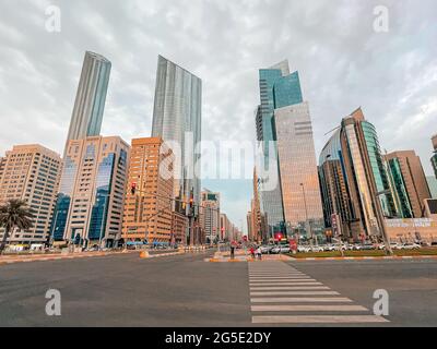 Incredible view of Abu Dhabi city skyline and famous towers | Corniche skyscrapers and downtown Stock Photo