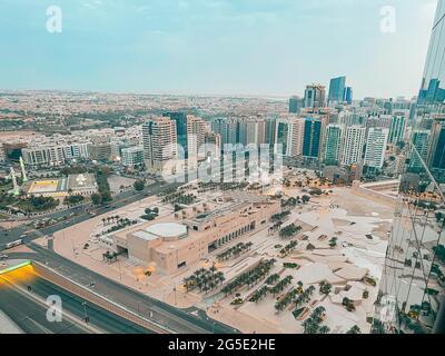 Incredible view of Abu Dhabi city skyline and famous towers | Corniche skyscrapers and downtown Stock Photo