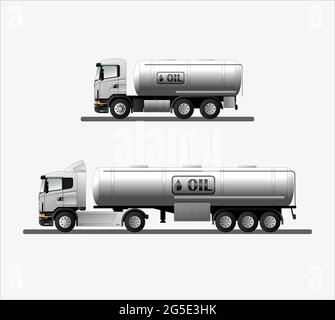 a set of modern European trucks with an oil tanker and an oil sign. Vector flat illustration. Stock Vector