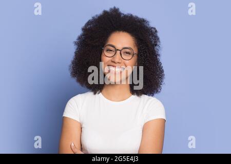 Portrait of smiling African American woman in glasses Stock Photo