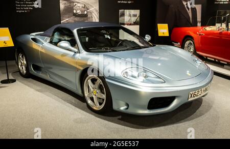 Yeovil, Somerset, UK – June 18 2021. The front end of a silver Ferrari Spider 360 sports car Stock Photo