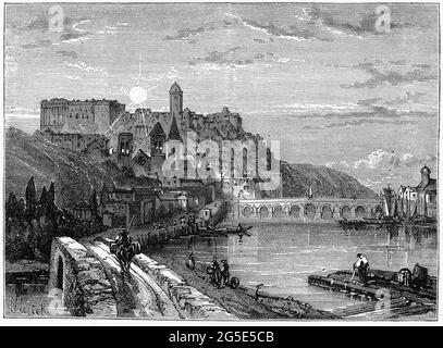 Engraving of the town of Blois in the 16th Century. Blois is now a commune and the capital city of Loir-et-Cher department in Centre-Val de Loire, France, situated on the banks of the lower river Loire between Orléans and Tours. Stock Photo