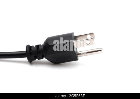 American Three Prong Power Cable on a White Background Stock Photo