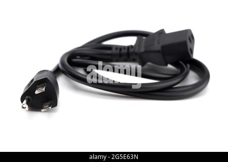 American Three Prong Power Cable on a White Background Stock Photo