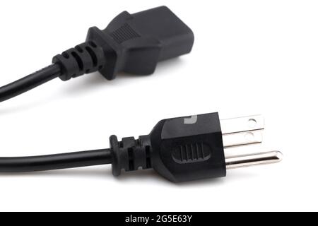 American Three Prong Power Cable on a White Background Stock Photo