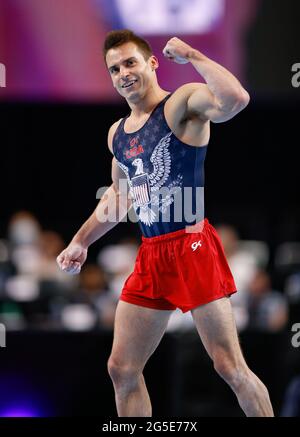 June 265, 2021: Shane Wiskus claps after his floor routine during Day 2 ...