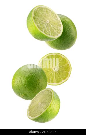 falling lime slices isolated on a white background. Stock Photo