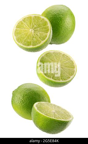 falling lime slices isolated on a white background. Stock Photo