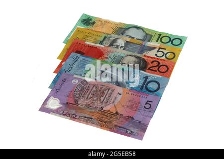 Various Australian notes isolated on white. Stock Photo