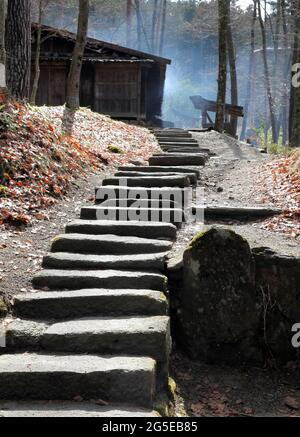 Stone stairway leading up to a traditional style wooden hut in Takayama Japan. Stock Photo