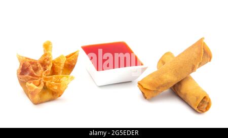 Spring Rolls and Fried Wantons on a Platter Stock Photo