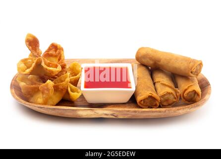 Spring Rolls and Fried Wantons on a Platter Stock Photo