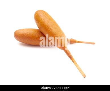 Two Corn Dogs Isolated on a White Background Stock Photo