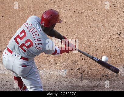 Queens, United States. 26th June, 2021. Philadelphia Phillies Andrew McCutchen hits a sac fly in the 6th inning against the New York Mets at Citi Field on Saturday, June 26, 2021 in New York City. Photo by John Angelillo/UPI Credit: UPI/Alamy Live News Stock Photo