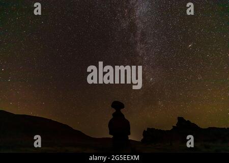 Hoodoo rock formation under the stars in Goblin Valley State Park, Utah Stock Photo