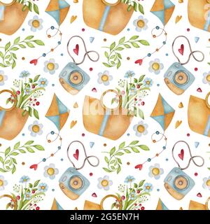 Seamless watercolor pattern with kite, flower, bag, photo camera, and berry on a light background. Bright summer illustration. Stock Photo