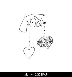 Line art illustration of hand drawn female hands holding heart and a brain. Stock Vector