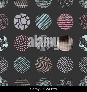 Abstract hand drawn pencil, brush doodle stripes shapes pastel color in circles seamless pattern on black background. Vector illustration Stock Vector