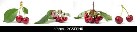 Collection of ripe berries with leaves isolated on white background. Red cherries, fruit set with vitamin Stock Photo