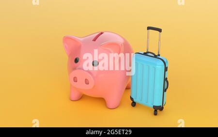 Pink piggy bank with a blue suitcase on yellow background. 3d render. Stock Photo