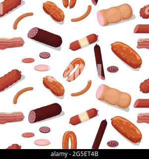 Vector flat meat and sausages icons pattern or background illustration. Seamless pattern sausage and meat food, sirloin and salami Stock Vector
