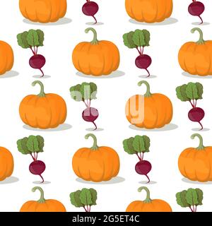 Vector illustrations of vegetables set pattern seamless with pumpkins and beet root Stock Vector