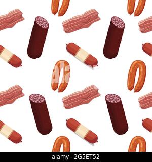 Vector flat meat and sausages icons pattern or background illustration. Seamless pattern sausage and meat food, sirloin and salami Stock Vector