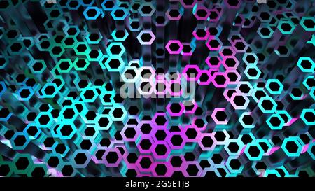 Bright hexagons from 3d render of geometric textures. Futuristic techno surface with shiny gradient. Colorful decorative mosaic with varying heights a Stock Photo