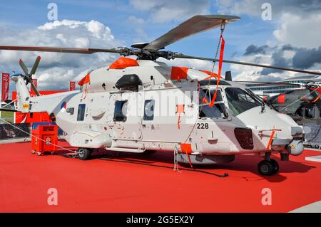 NHIndustries NH90 serial N-228 of Netherlands Navy at the Farnborough International Airshow trade show 2012, UK. Displayed on Finmeccanica sales stand Stock Photo