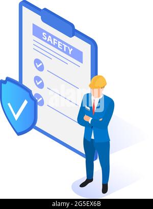 Occupational safety and health concept. A man in a construction helmet with a document on a white background. Flat vector isometric illustration. Stock Vector