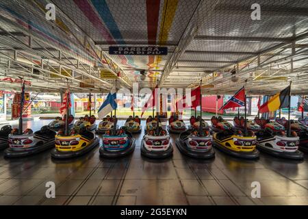 Idle bumper cars flat ride attraction in an amusement park in northern Italy Stock Photo