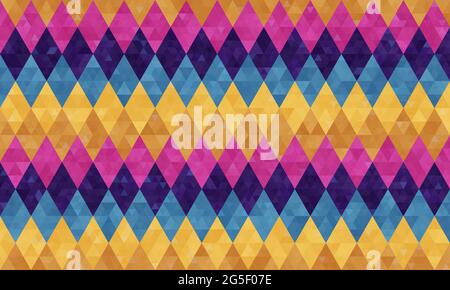 Abstract geometric harlequin background from rows of rhombuses in blue, beige, yellow, pink and purple colors. Design for digital background, wallpaper, packaging, wrapping paper, cover. Stock Vector