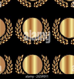 Circles and branches with leaves from a golden texture on a black background. Seamless vector gold pattern.Trendy abstraction from circles, great Stock Vector