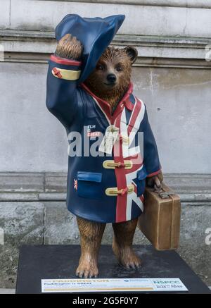 Paddington Is Great fibreglass decorated sculpture of Paddington Bear designed by Stephen Fry in Downing Street, Whitehall, London, England in 2014 Stock Photo