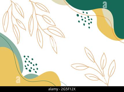 Abstract hand drawn green and yellow organic shape with leaves lines on white background. Vector illustration Stock Vector