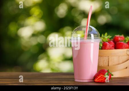 Set Of Different Milkshakes In Disposable Plastic Glasses Stock