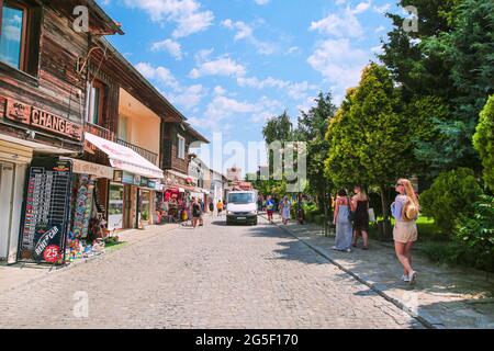 29 of July 2019, Nessebar Bulgaria. Nessebar old town, wooden houses and tourists. Stock Photo