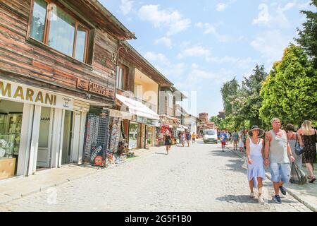 29 of July 2019, Nessebar Bulgaria. Old town with wooden medieval houses, tourists and souvenir shops. Stock Photo