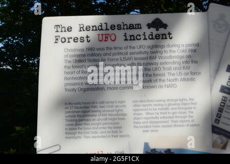 Information sign in Rendlesham Forest UFO sighting at RAF Woodbridge USAF station Suffolk England UK Stock Photo