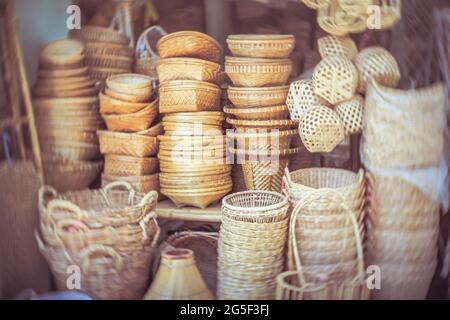 Store of Open Weave Straw Market Tote Beach Bag and packaging Stock Photo