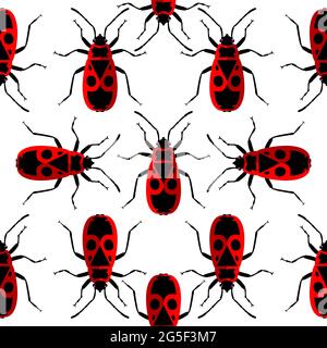 Firebug, Pyrrhocoris apterus. Seamless pattern. Vector illustration. Isolated on white background. Stock Vector