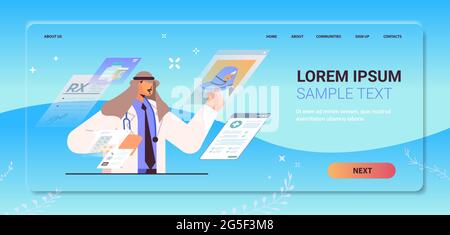 arab doctor in uniform working with virtual screens medical data medicine healthcare concept Stock Vector