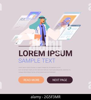 arab doctor in uniform working with virtual screens medical data medicine healthcare concept Stock Vector