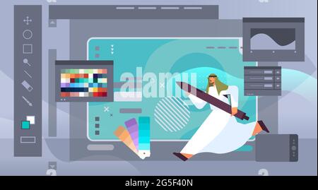designer drawing with pen in graphic editor man creating website user interface graphic design UI creative service Stock Vector